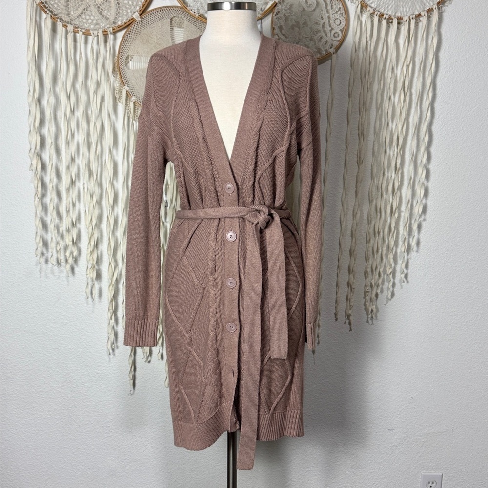 L'AGENCE Mauve Harleen Button Front Belted Cable Knit Cardigan XS/T